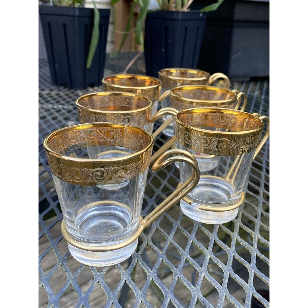 VTG Russian Hollywood Regency Gold MCM 6 Demitasse Glasses Cups Metal Handles